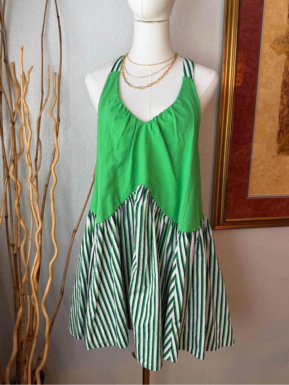 91~ NWT Anthropology Green Striped Cotton Blend Mini Dress with Pockets Small